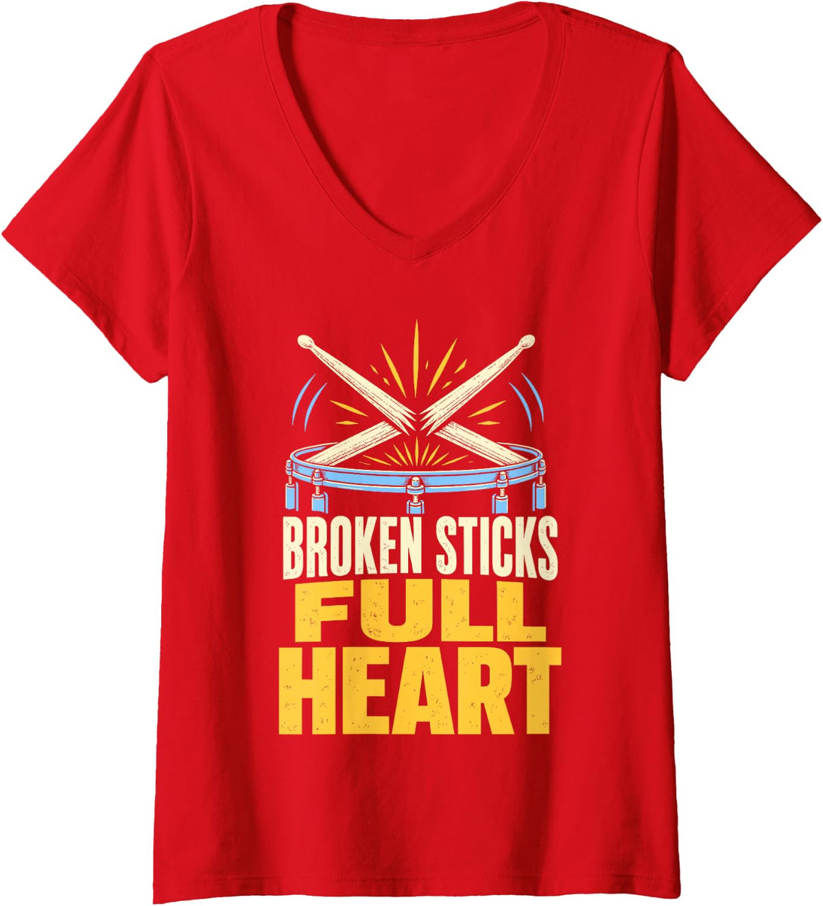 Women's Broken Sticks Heart Drummer Drum V-Neck T-Shirt - Red