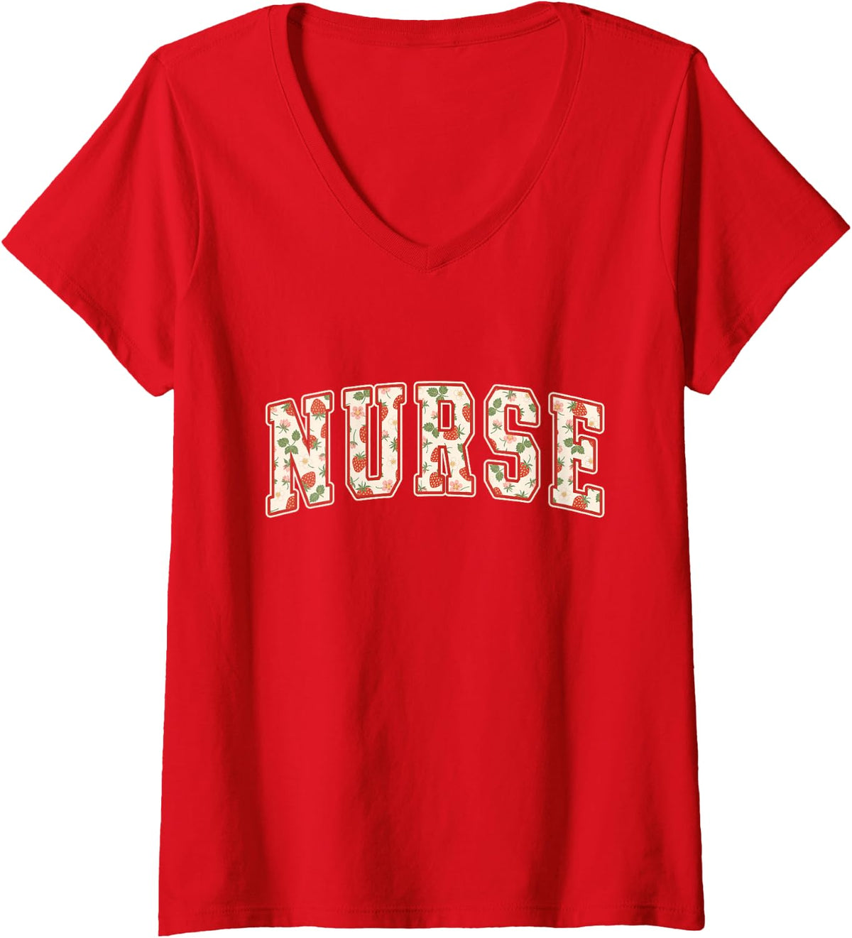 Women's Nurse Strawberry Varsity Letters RN Nursing School V-Neck T-Shirt - Red