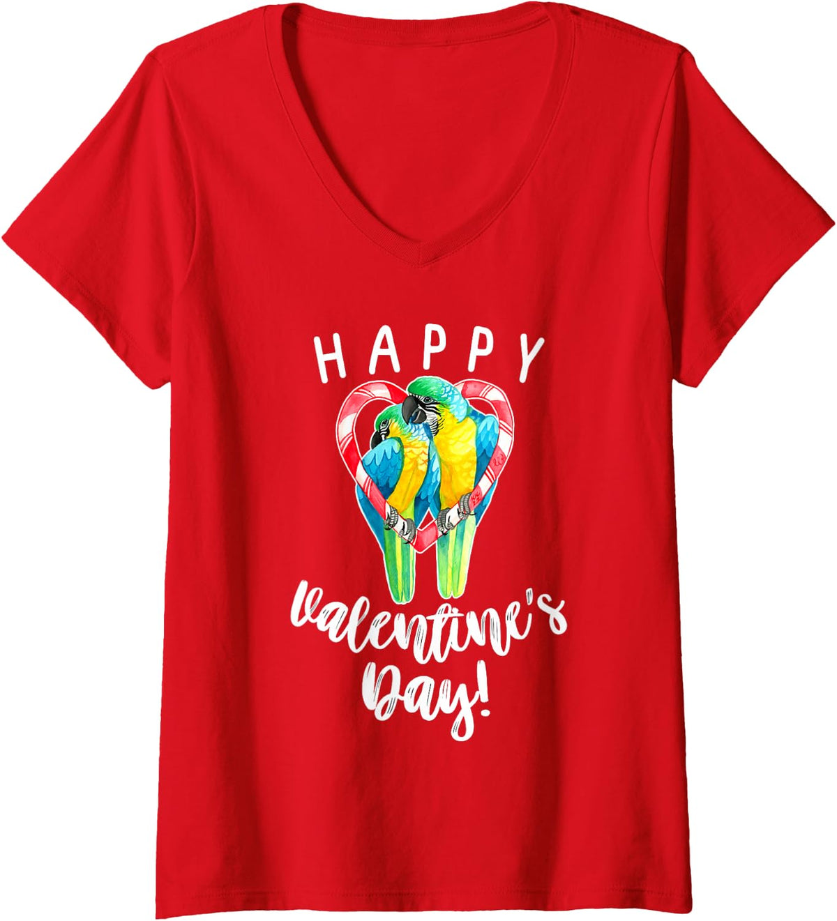 Women's Happy Valentine's Day Blue and Gold Macaw Parrot Couple V-Neck T-Shirt - Red