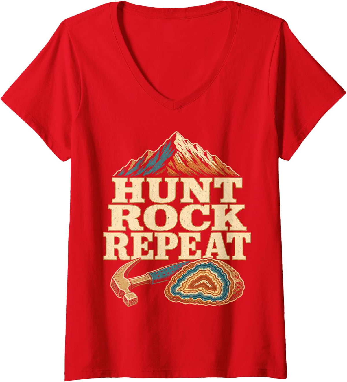 Women's Hunt Rock Repeat Geology Mountain Rockhound V-Neck T-Shirt - Red