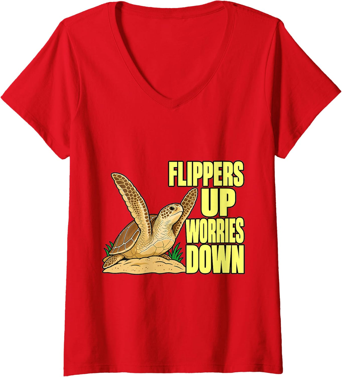 Women's Sea Turtle Flippers Up Worries Down Reef Diver Fans V-Neck T-Shirt - Red