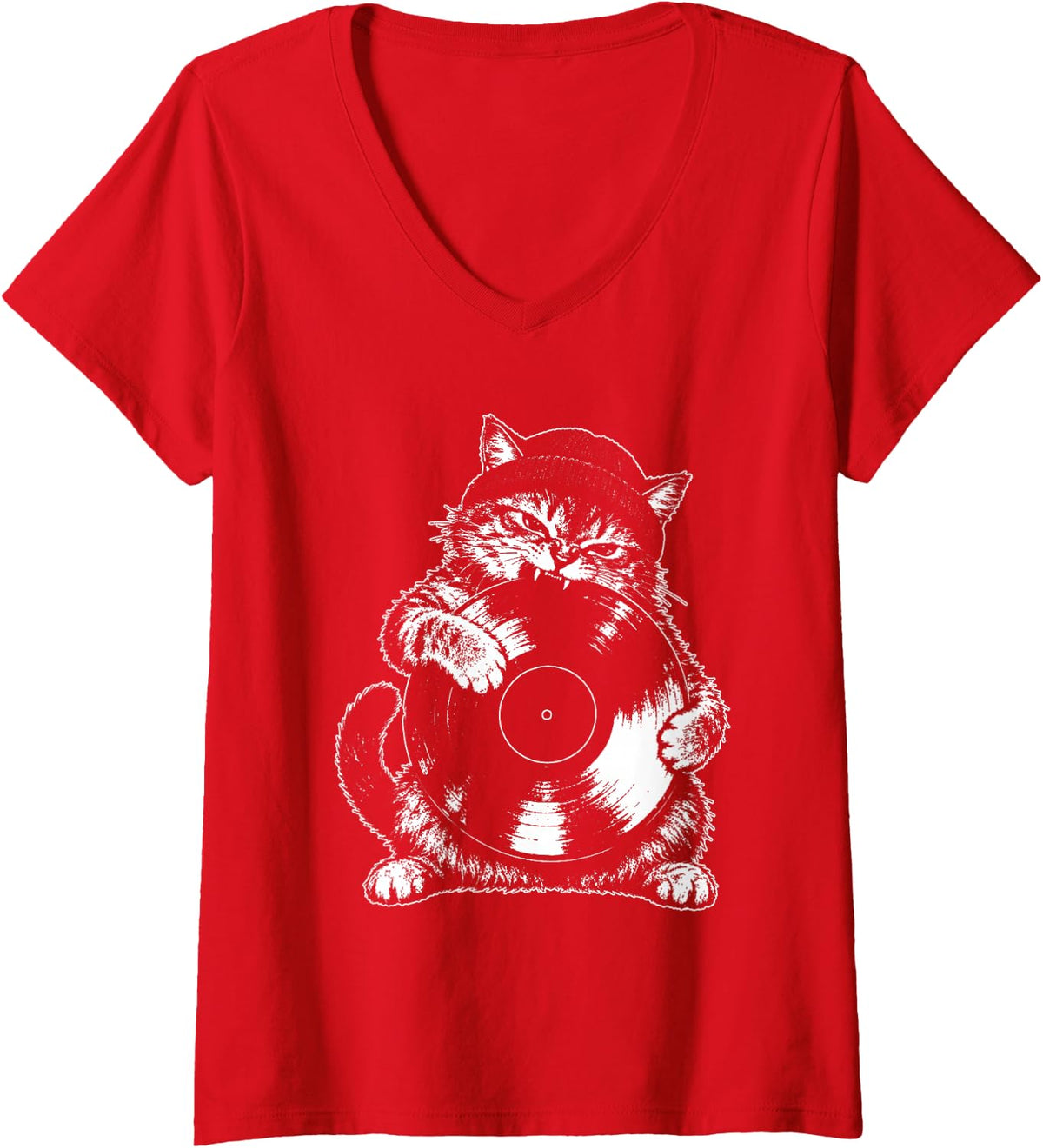 Women's Sassy Cat with 2000s Vibes Y2k Grunge Aesthetic Punk Animal V-Neck T-Shirt - Red