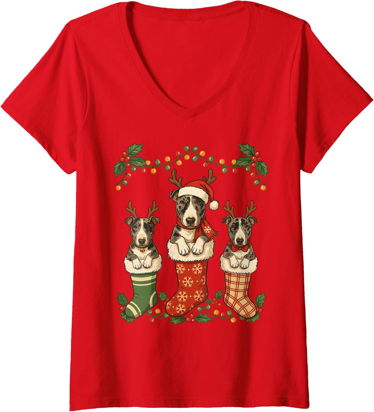 Women's Festive Bull Terrier Christmas Stocking Puppy Fur Baby Mom V-Neck T-Shirt - Red
