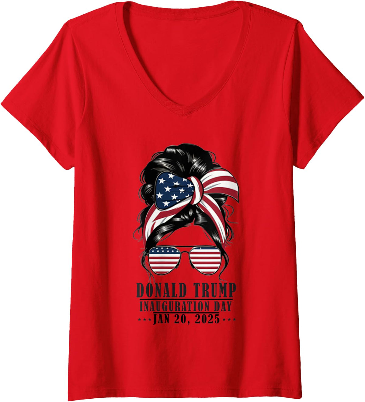 Women's Inauguration Day 2025 Funny Trump Girl Messy Bun V-Neck T-Shirt - Red