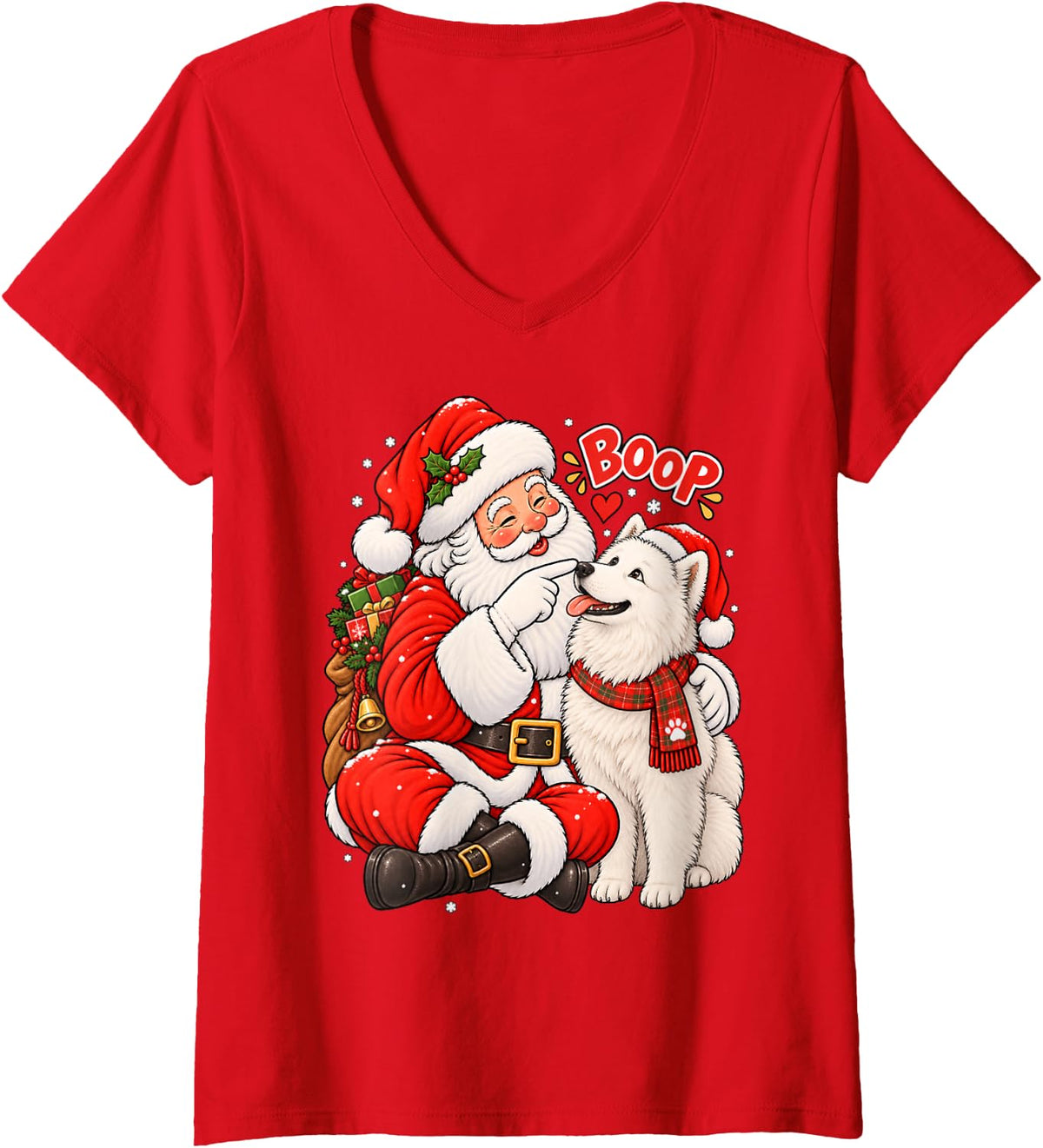 Women's Funny Samoyed Boop Santa Christmas V-Neck T-Shirt - Red