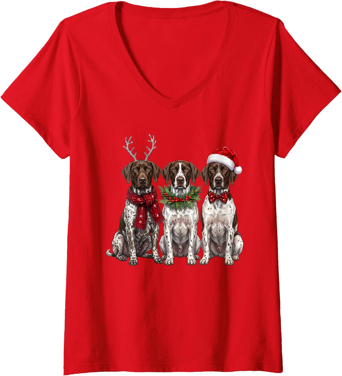 Women's German Shorthaired Pointer Christmas V-Neck T-Shirt - Red