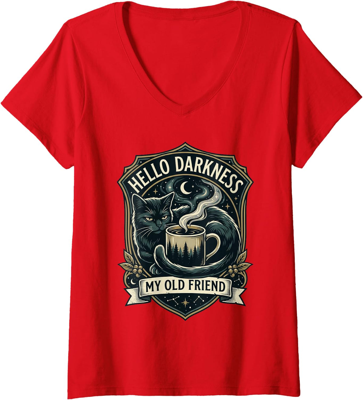 Women's Hello Darkness My Old Friend Vintage Black Cat Coffee Badge V-Neck T-Shirt - Red