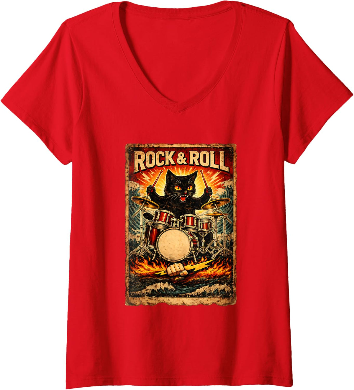 Women's Black Cat Playing Drums Rock Vintage Rocker Drummer Cat V-Neck T-Shirt - Red