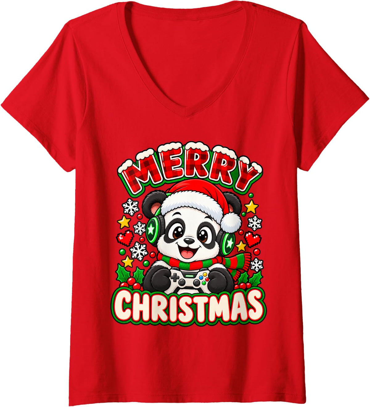 Women's Merry Christmas Festive Panda Gamer Holiday Graphic V-Neck T-Shirt - Red