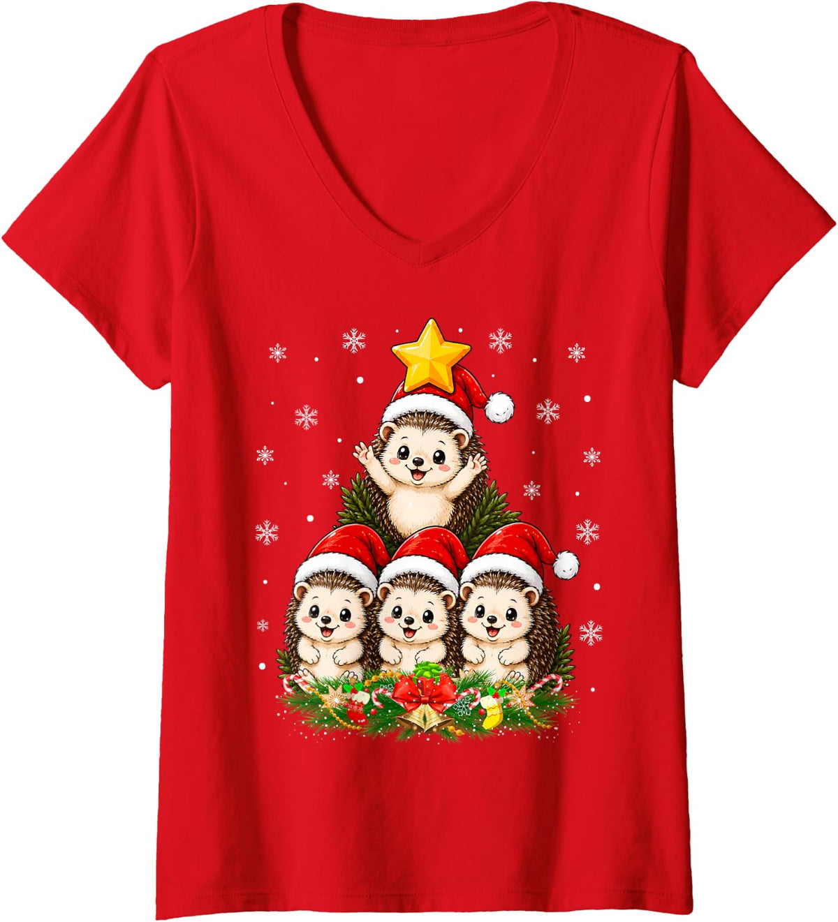 Women's Hedgehog Christmas Tree Cute Animal Festive Hedgehog Xmas V-Neck T-Shirt - Red