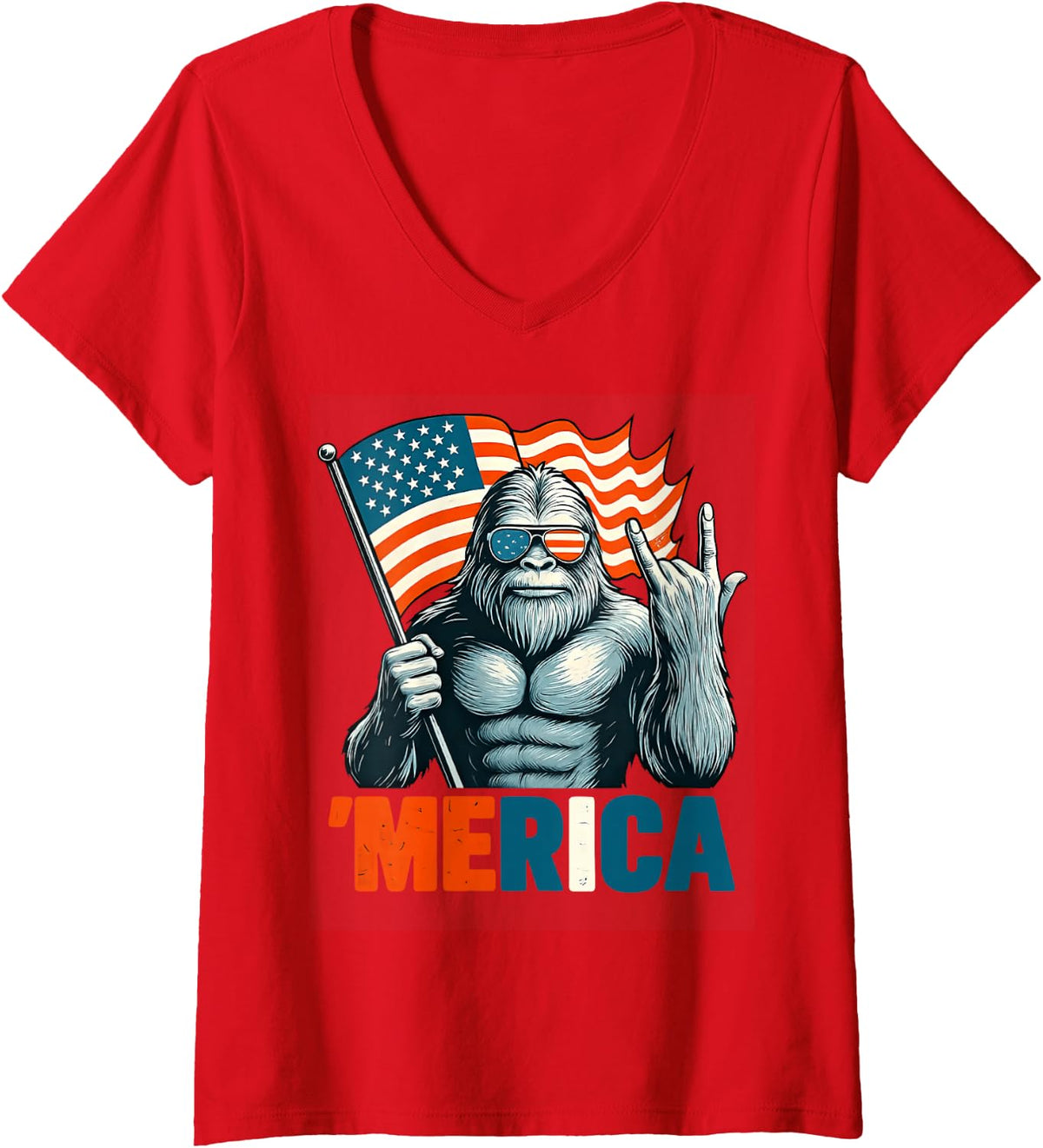 Women's Bigfoot Merica Rock Patriotic American Flag 4th of July V-Neck T-Shirt - Red