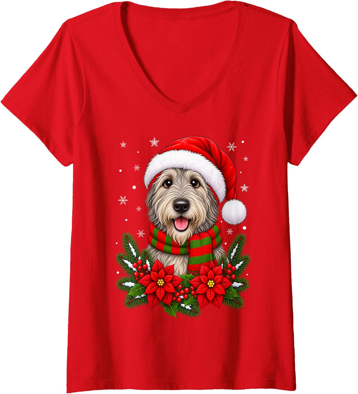 Women's Cute Festive Flowers Santa Hat Irish Wolfhound Dog Christmas V-Neck T-Shirt - Red