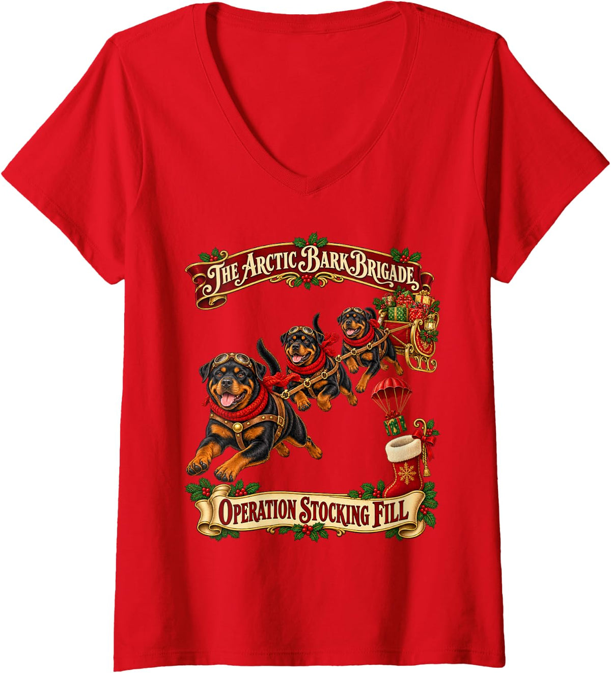 Women's Rottweiler Dog Christmas Arctic Brigade V-Neck T-Shirt - Red