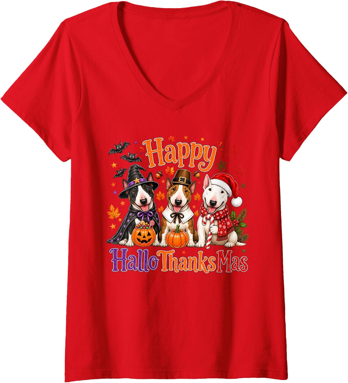 Women's Bull Terrier Happy Hallothanksmas Halloween Thanksgiving V-Neck T-Shirt - Red