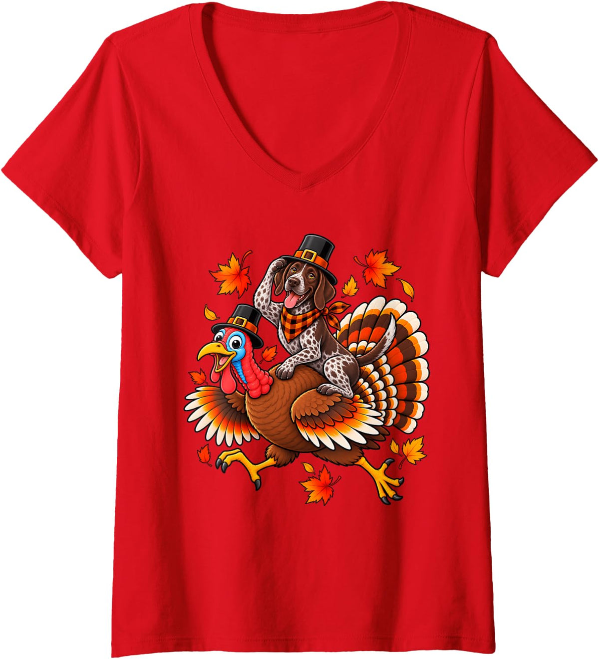 Women's German Shorthaired Pointer Dog Riding Turkey Thanksgiving V-Neck T-Shirt - Red
