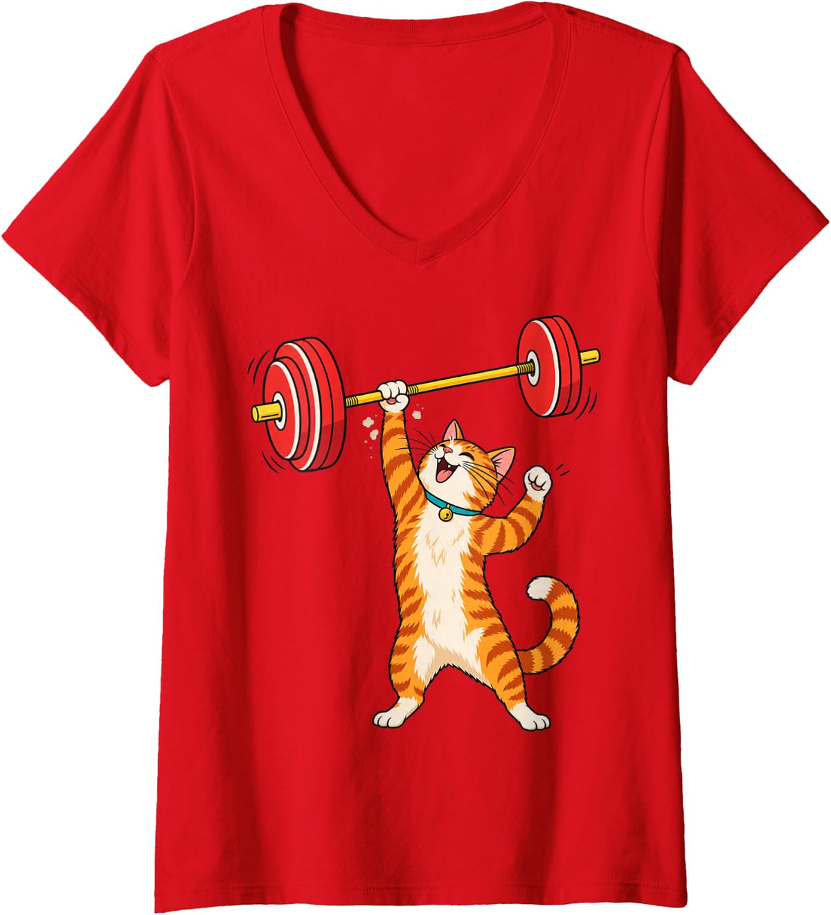 Women's Powerlifting Tabby Cat Overhead Press Gym Humor V-Neck T-Shirt - Red