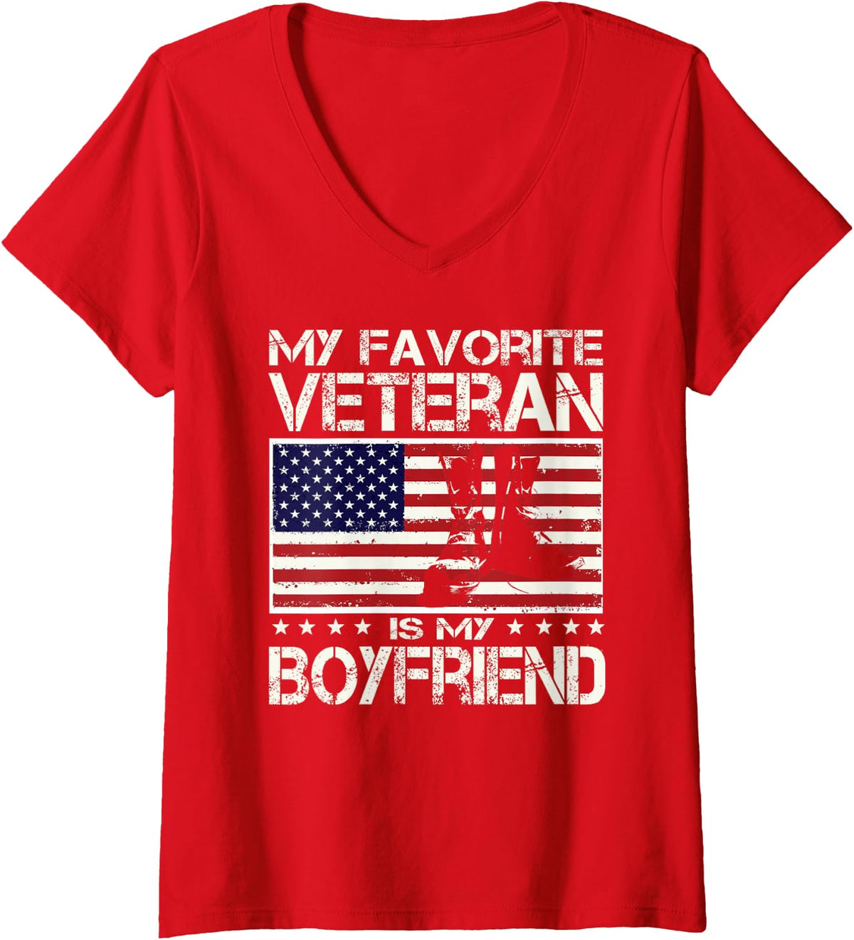 Women's My Favorite Veteran is My Boyfriend Flag Father Veterans Day V-Neck T-Shirt - Red