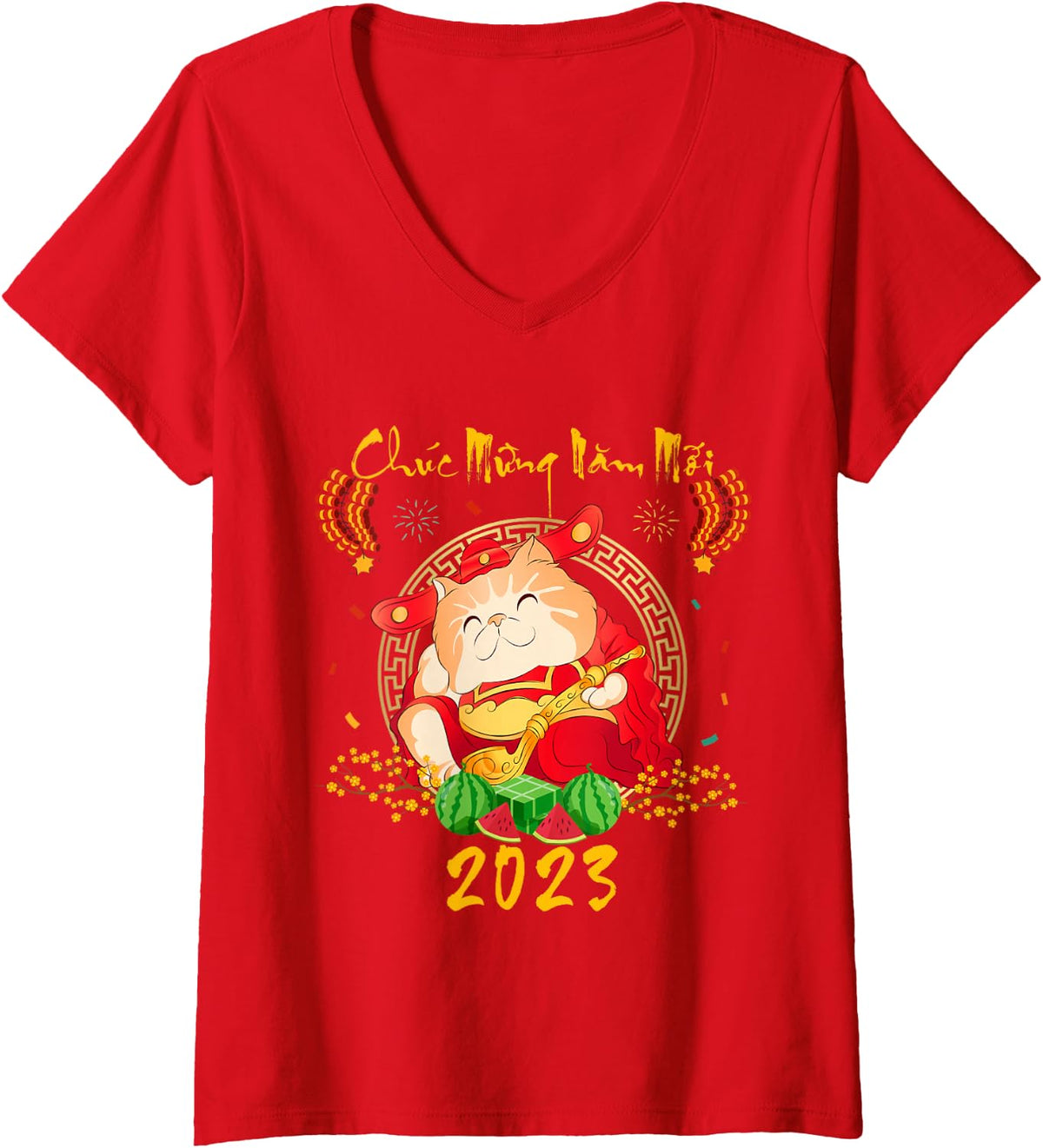 Women's Happy Vietnamese Lunar New Year 2023 Chuc Mung NAM Moi V-Neck T-Shirt - Red