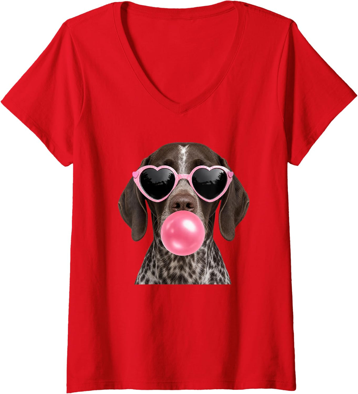 Women's German Shorthaired Pointer Dog Bubble Gum Pink Sunglasses V-Neck T-Shirt - Red