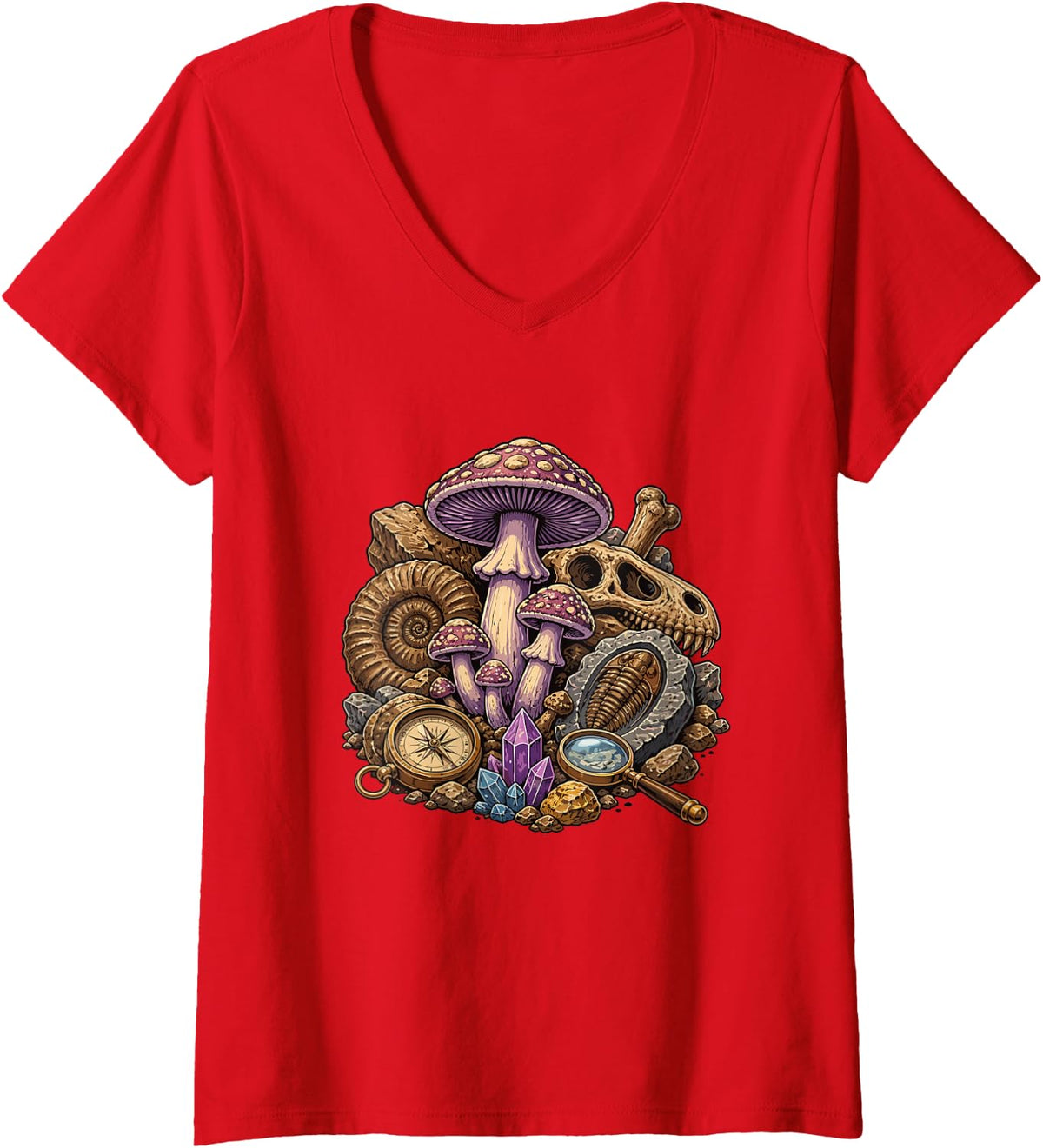 Women's Mystic Mushroom Fossil Compass Crystal Collection V-Neck T-Shirt - Red
