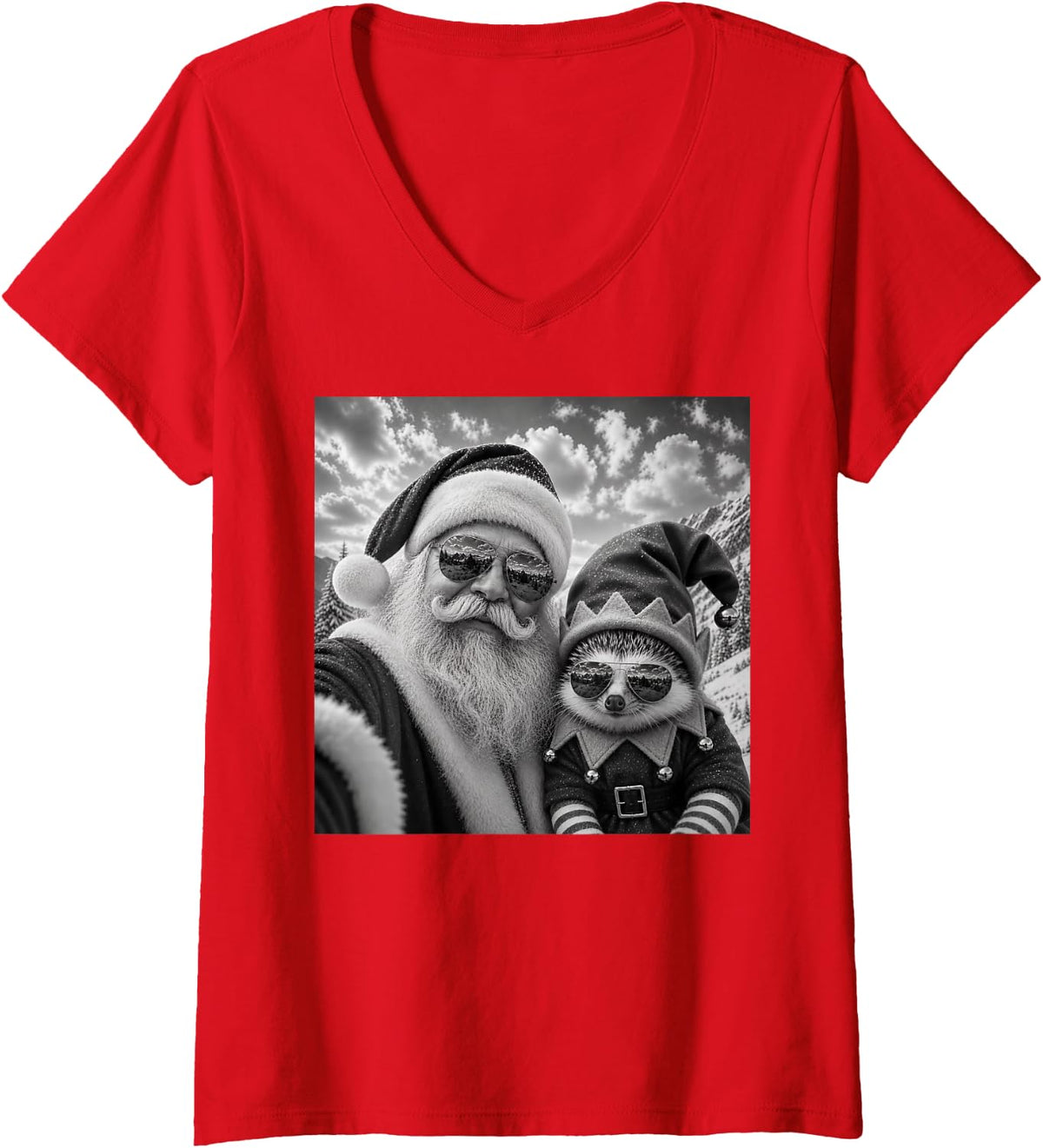 Women's Funny Santa Selfie with Hedgehog Christmas V-Neck T-Shirt - Red