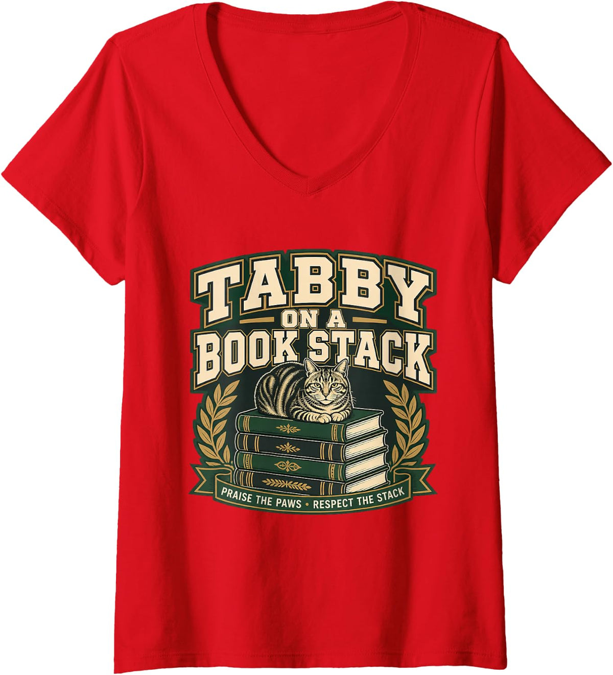 Women's Tabby ON A Book Stack Cat Reading Book Lover Reader V-Neck T-Shirt - Red