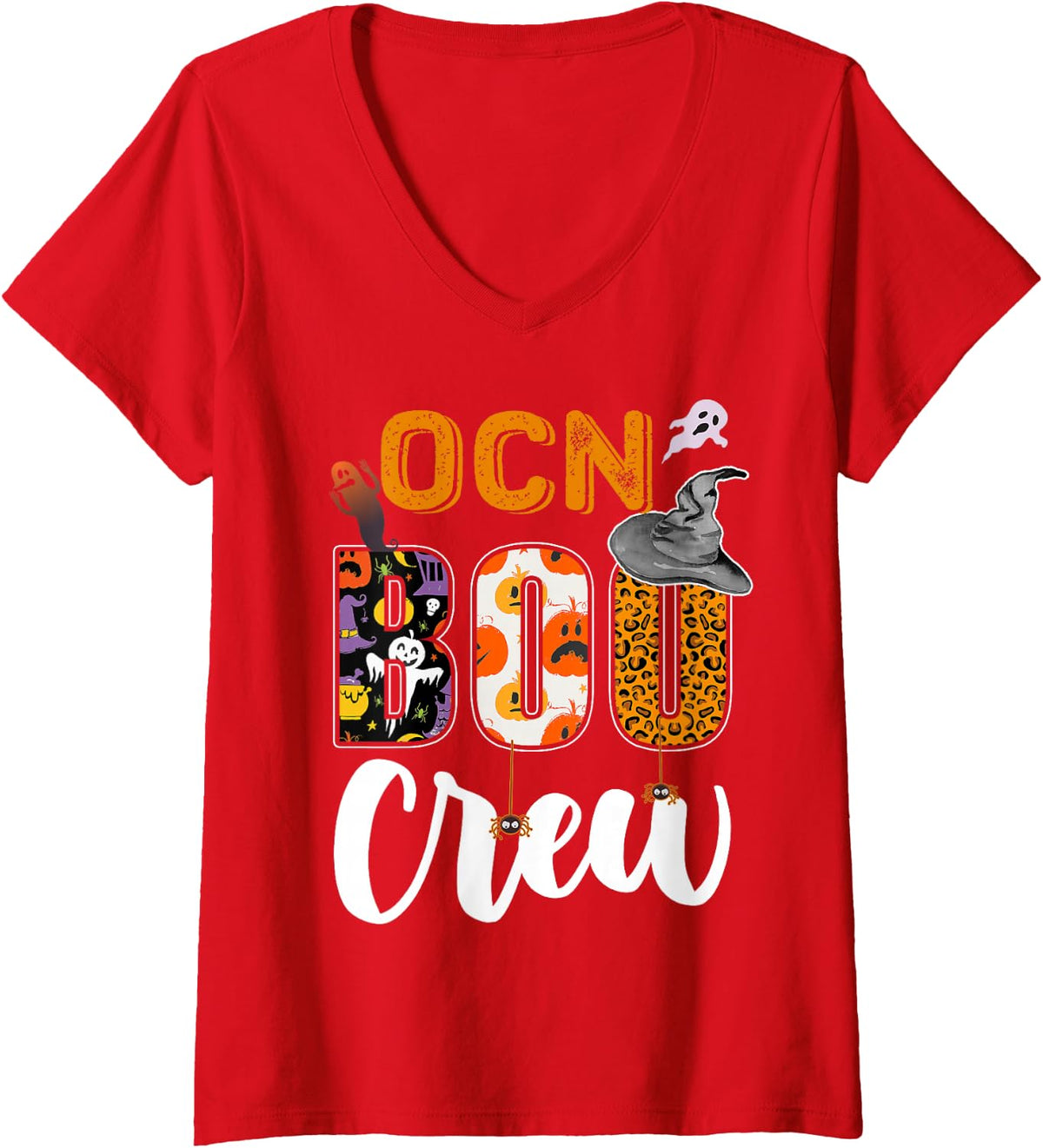 Women's OCN Boo Crew Halloween Costume Matching V-Neck T-Shirt - Red