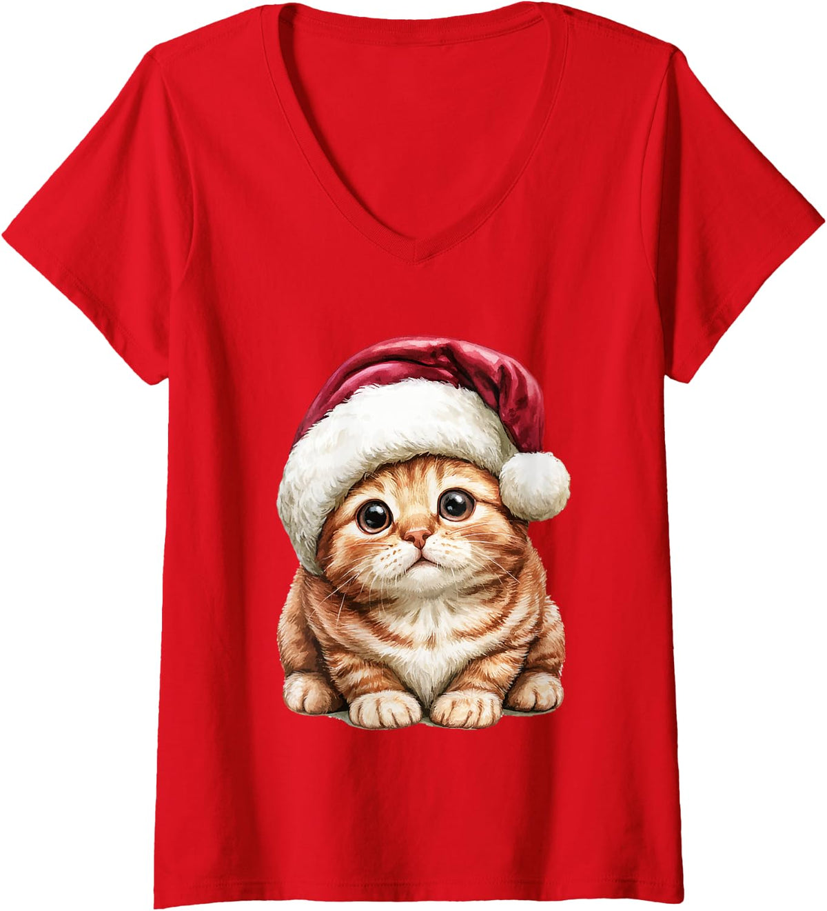 Women's Cute Christmas Orange Tabby Cat with Santa Hat Kitten Xmas V-Neck T-Shirt - Red