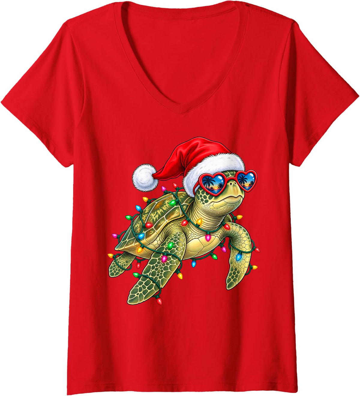 Women's Christmas Sea Turtle Heart Sunglasses with Holiday Lights V-Neck T-Shirt - Red