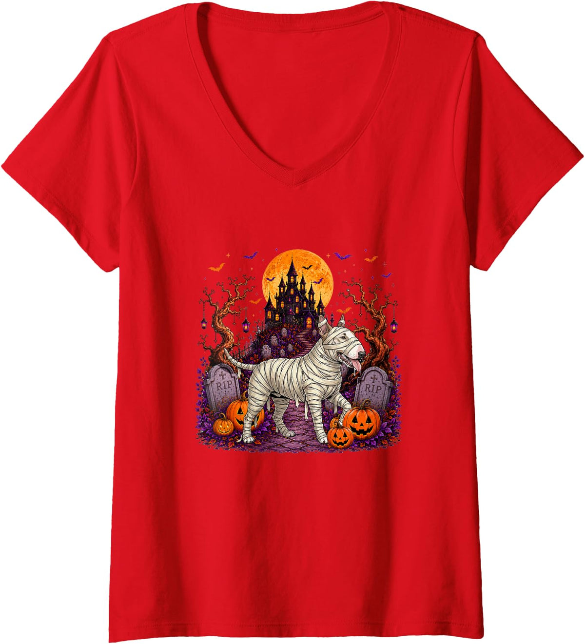 Women's Bull Terrier Cosplay Mummy Halloween Horror Carved Pumpkins V-Neck T-Shirt - Red