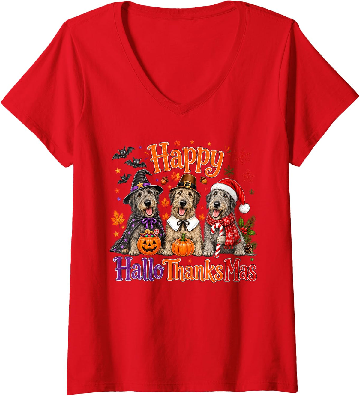 Women's Irish Wolfhound Happy Hallothanksmas Halloween Thanksgiving V-Neck T-Shirt - Red