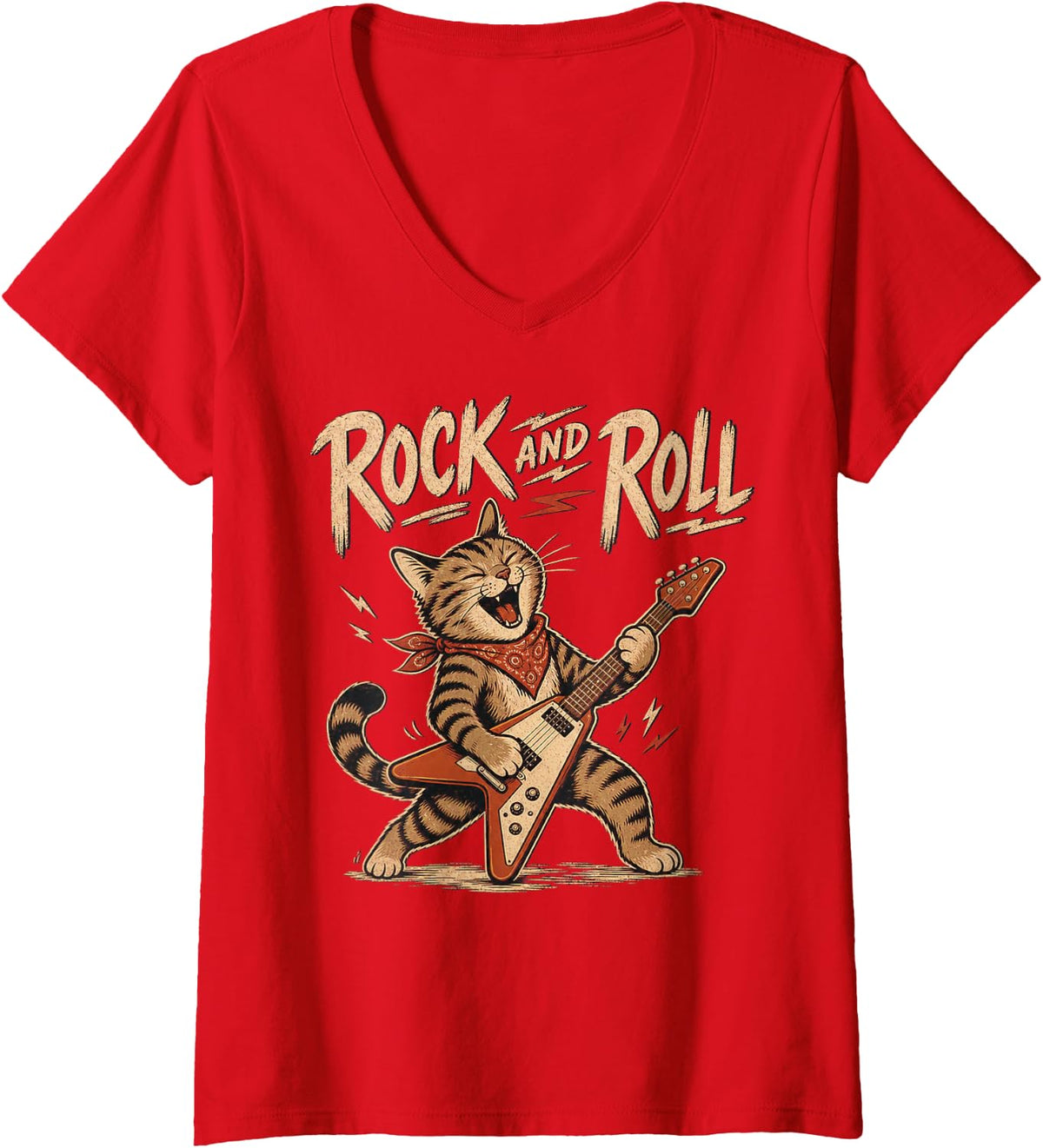 Women's Rock and Roll Tabby Cat Guitarist Illustration V-Neck T-Shirt - Red