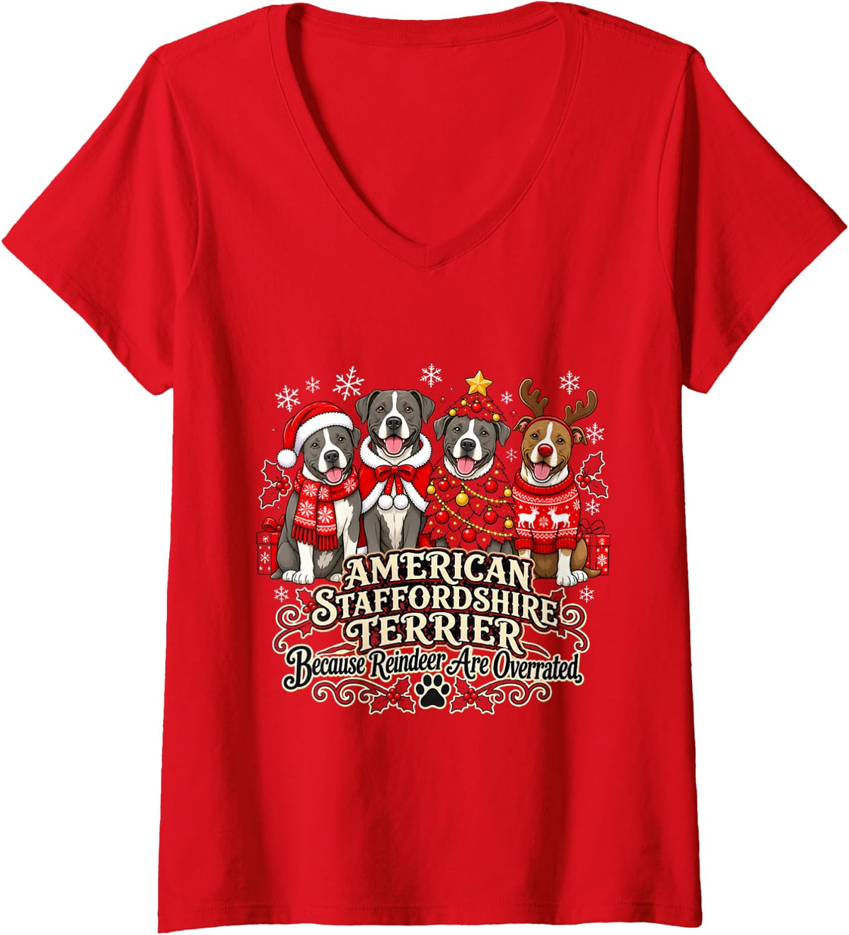 Women's American Staffordshire Terrier Christmas Fun V-Neck T-Shirt - Red