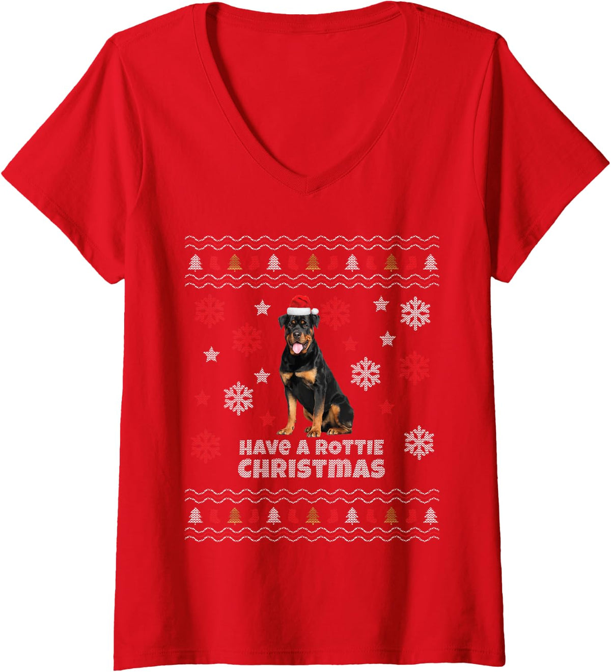 Women's Rottweiler Ugly Christmas, Rottie Dog V-Neck T-Shirt - Red
