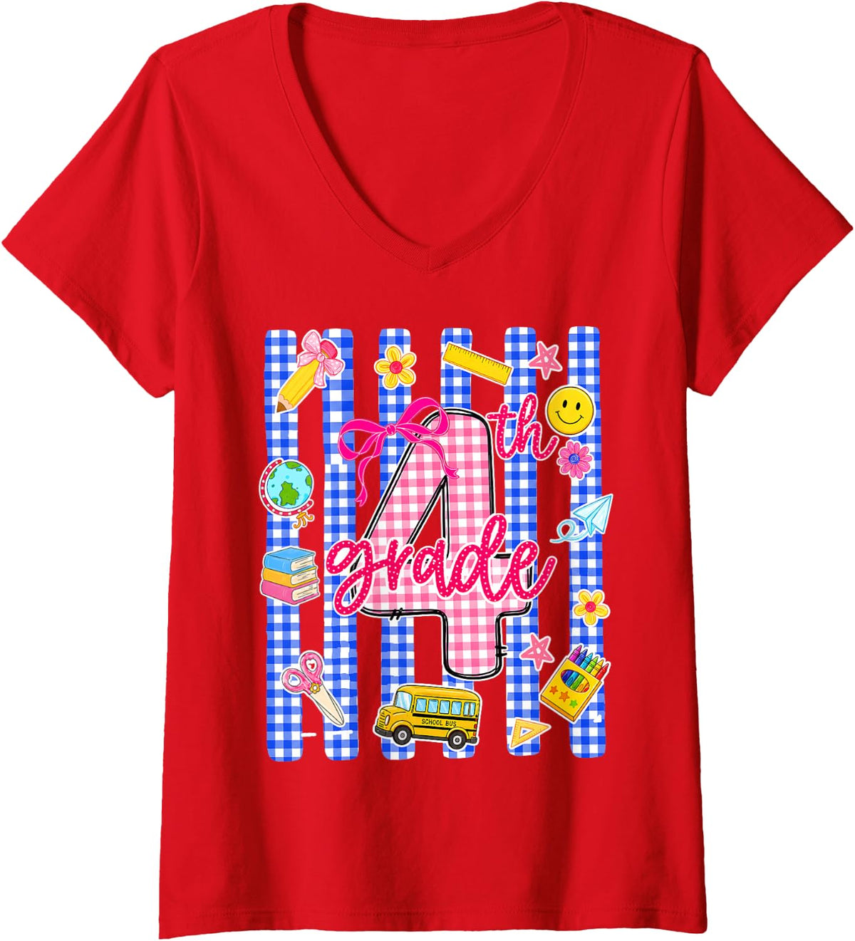 Women's Fourth Grade Cute First Day Back to School Student Teacher V-Neck T-Shirt - Red
