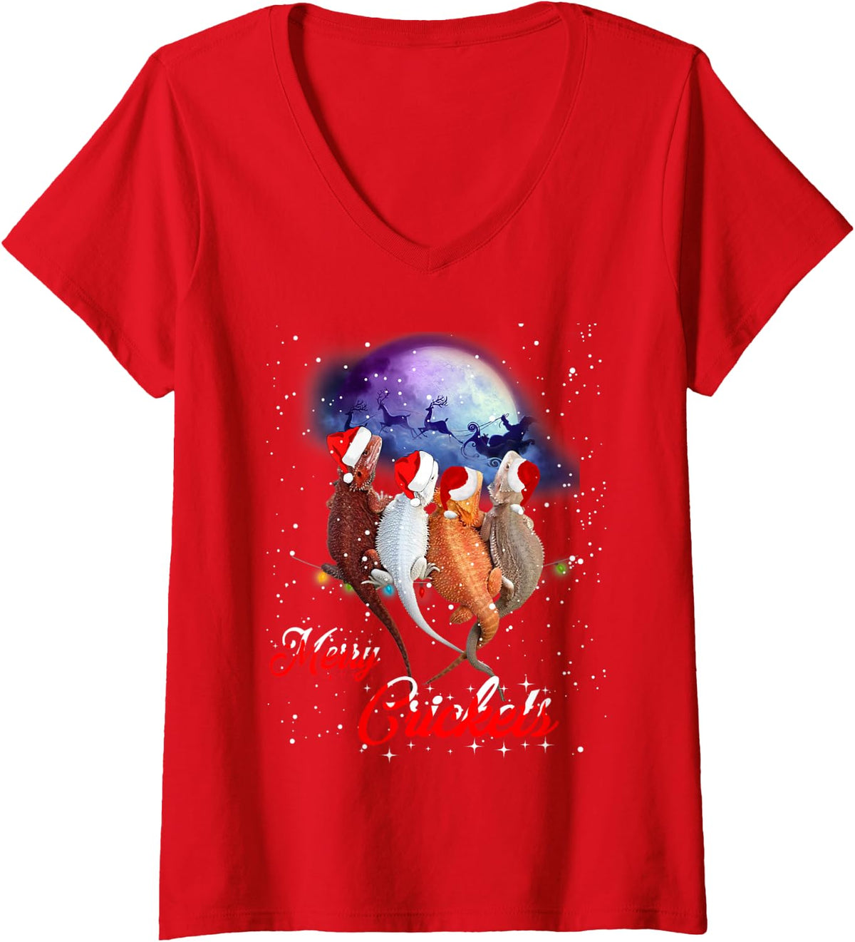 Women's Funny Bearded Dragon Christmas Tee Merry Crickets Gift V-Neck T-Shirt - Red