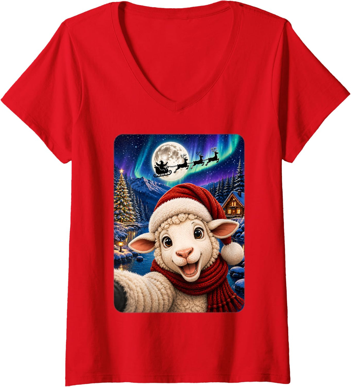 Women's Cute Holiday Winter Selfie Lamb Sheep Christmas V-Neck T-Shirt - Red