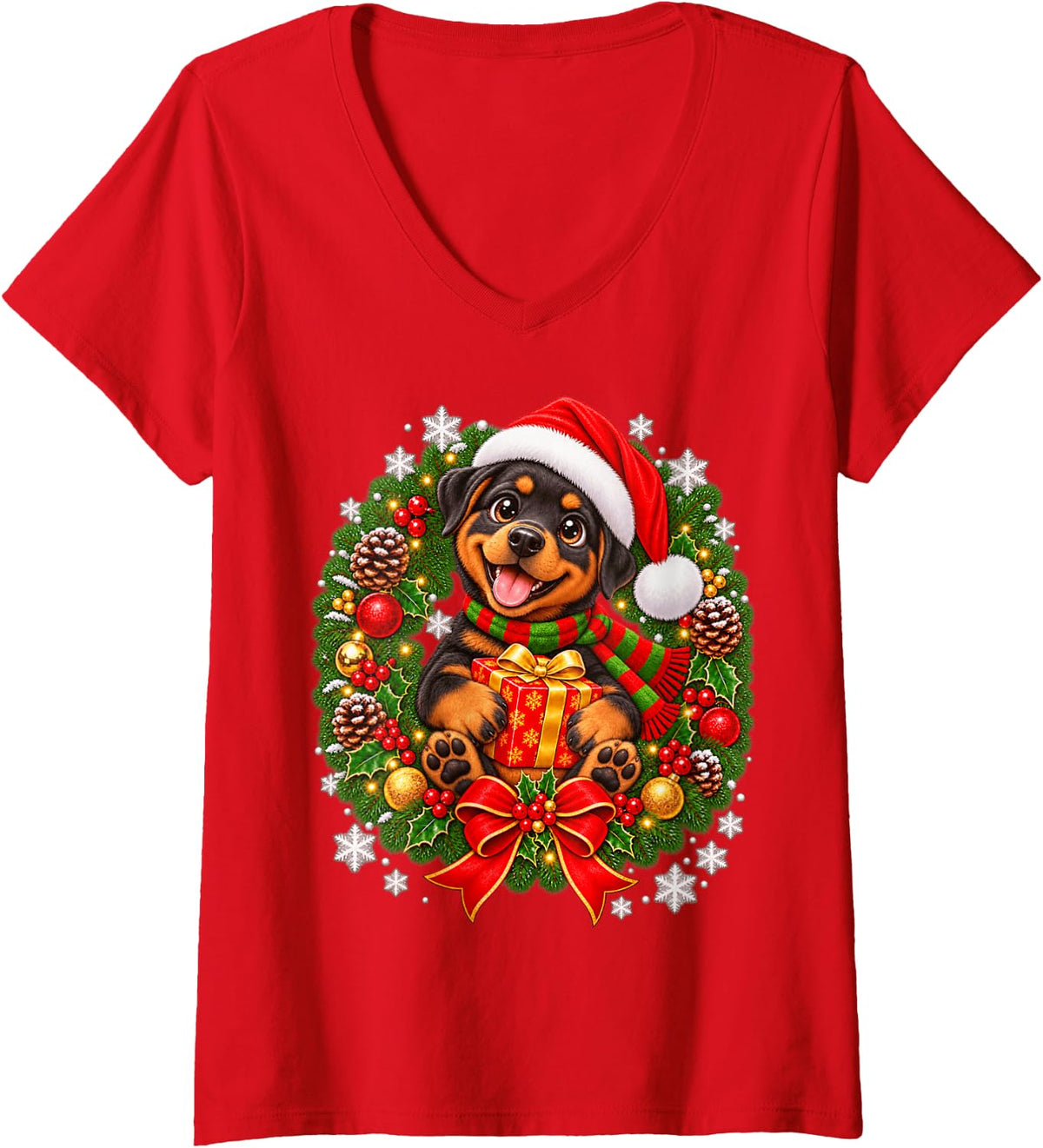 Women's Rottweiler Santa Hat Christmas Light Xmas PJ Men Women Kids V-Neck T-Shirt - Red