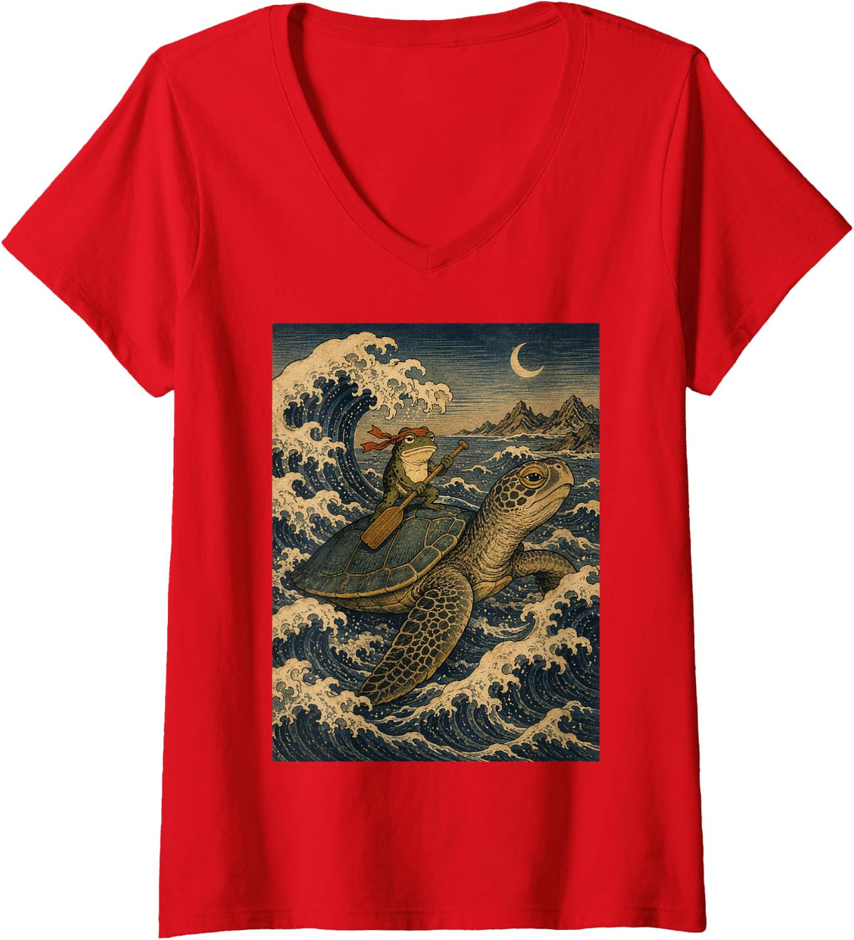 Women's Funny Frog Riding Sea Turtle Japanese Woodblock Ocean Art V-Neck T-Shirt - Red