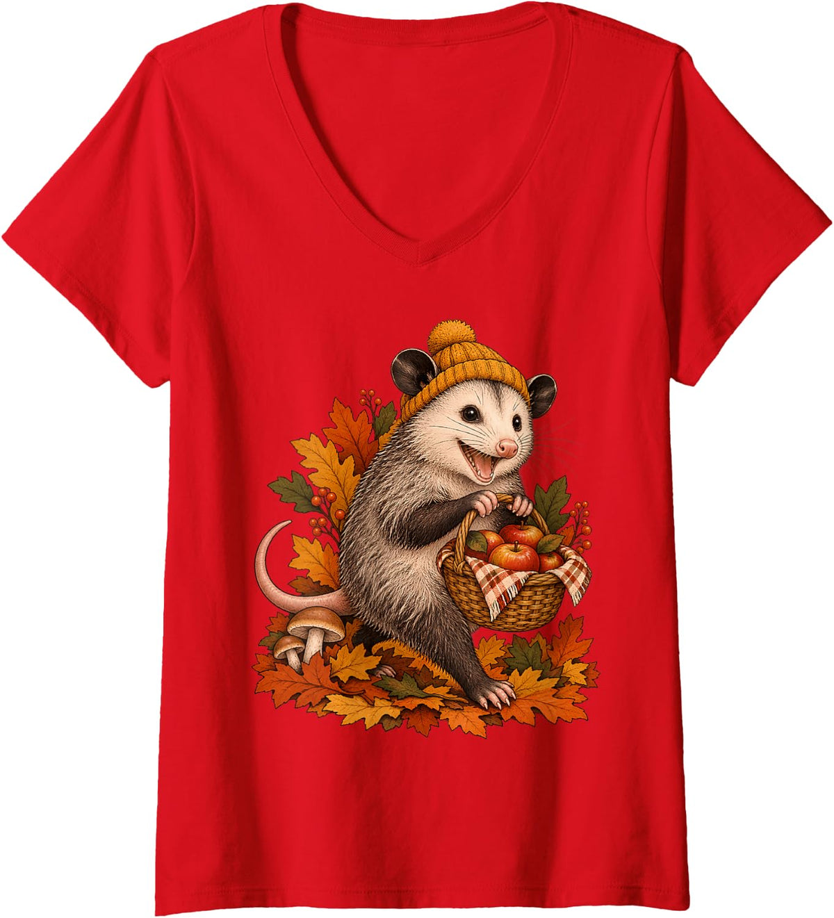 Women's Funny Opossum Apple Picking Basket Fall Autumn V-Neck T-Shirt - Red