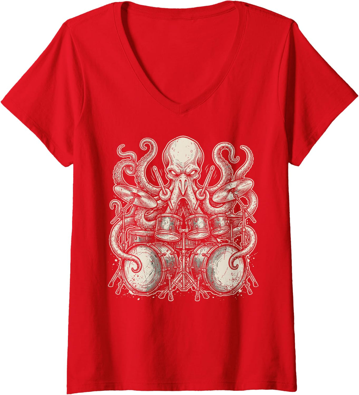 Women's Octopus Play Drums Drummer Musician Rock Music Band Tee V-Neck T-Shirt - Red