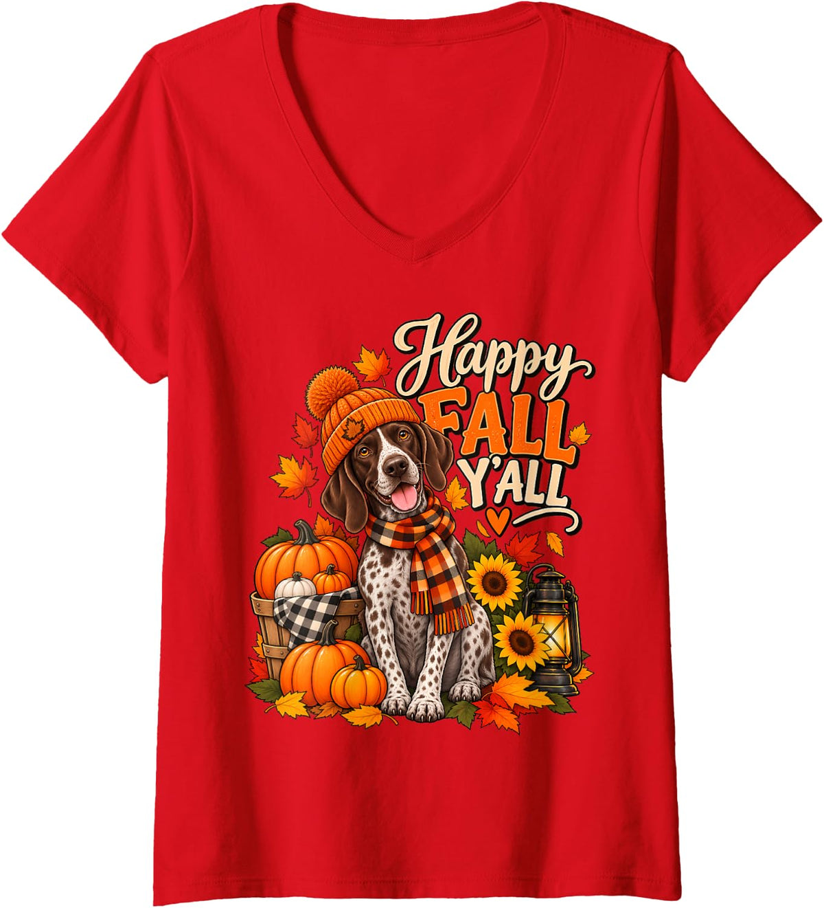 Women's Happy Fall Y'all German Shorthaired Pointer Dog Scarf Autumn V-Neck T-Shirt - Red