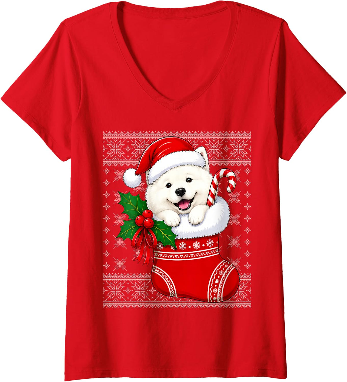 Women's Samoyed Dog Christmas Stocking Cute Festive Ugly Xmas V-Neck T-Shirt - Red