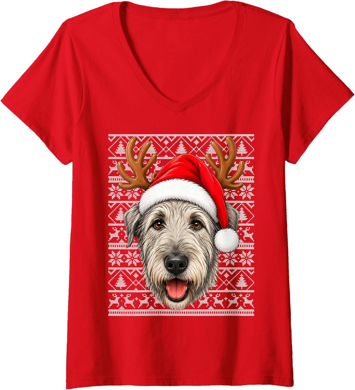 Women's Irish Wolfhound Dog Christmas Santa Hat Ugly Sweater Xmas V-Neck T-Shirt - Red