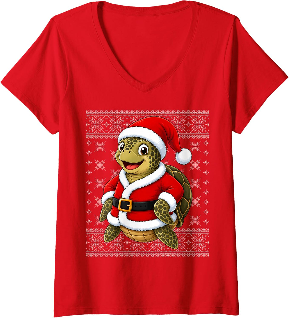 Women's Sea Turtle in Christmas Santa Costume Ugly Sweaters Xmas V-Neck T-Shirt - Red