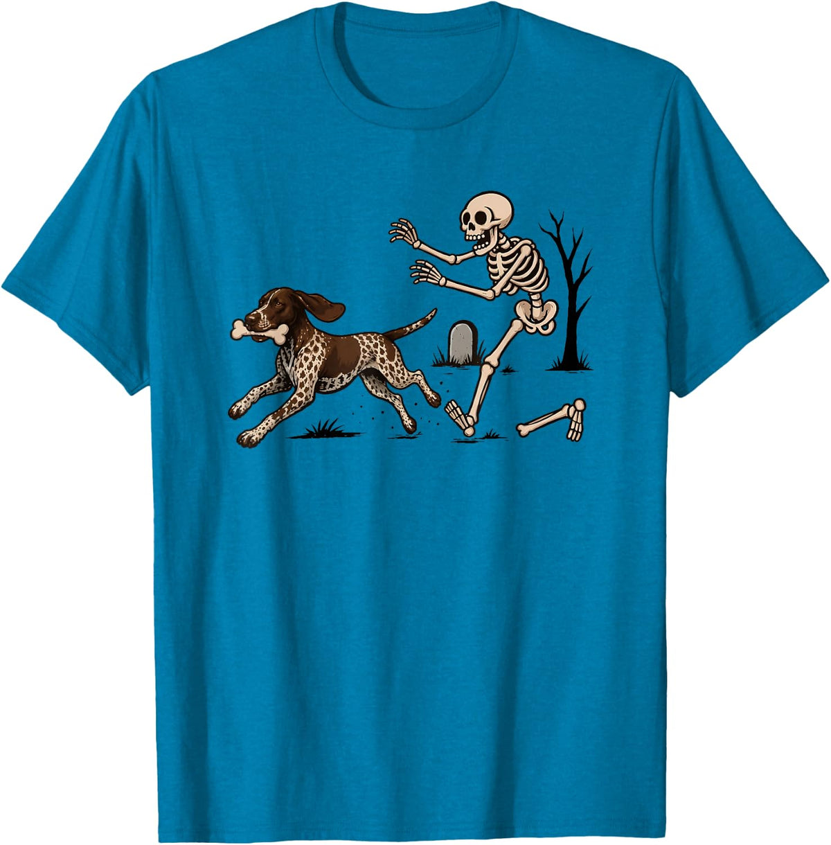 Skeleton Chasing Dog German Shorthaired Pointer Halloween T-Shirt - Sapphire Blue