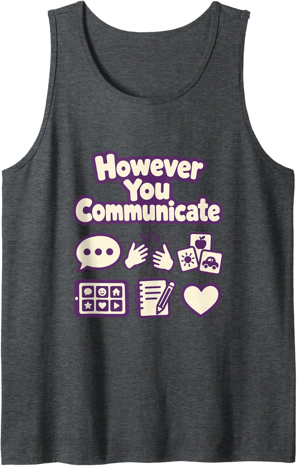 Speech Therapy Inclusion with Purple AAC and Gesture Grid Sleeveless Tank Top - Dark Heather Grey