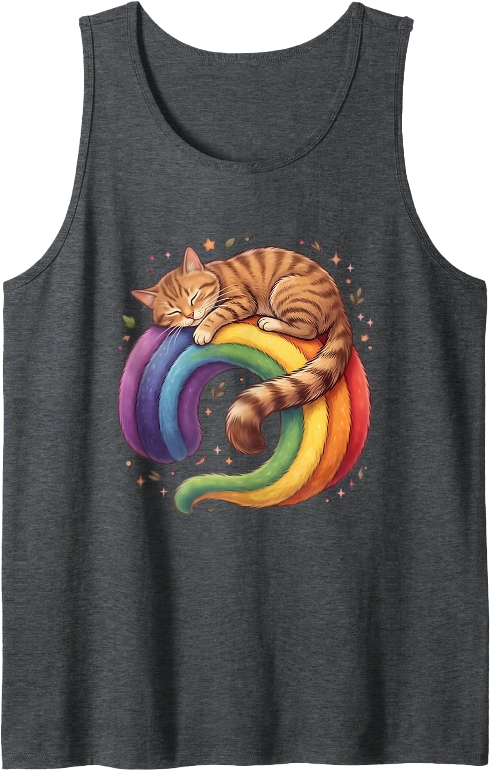 Tabby Cat Napping on a Rainbow Curled Up Kitten Art Tank Top - Dark Heather Grey