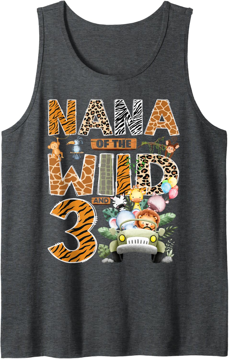 Nana of The Wild Three 3rd Birthday Boy Safari Jungle Sleeveless Tank Top - Dark Heather Grey