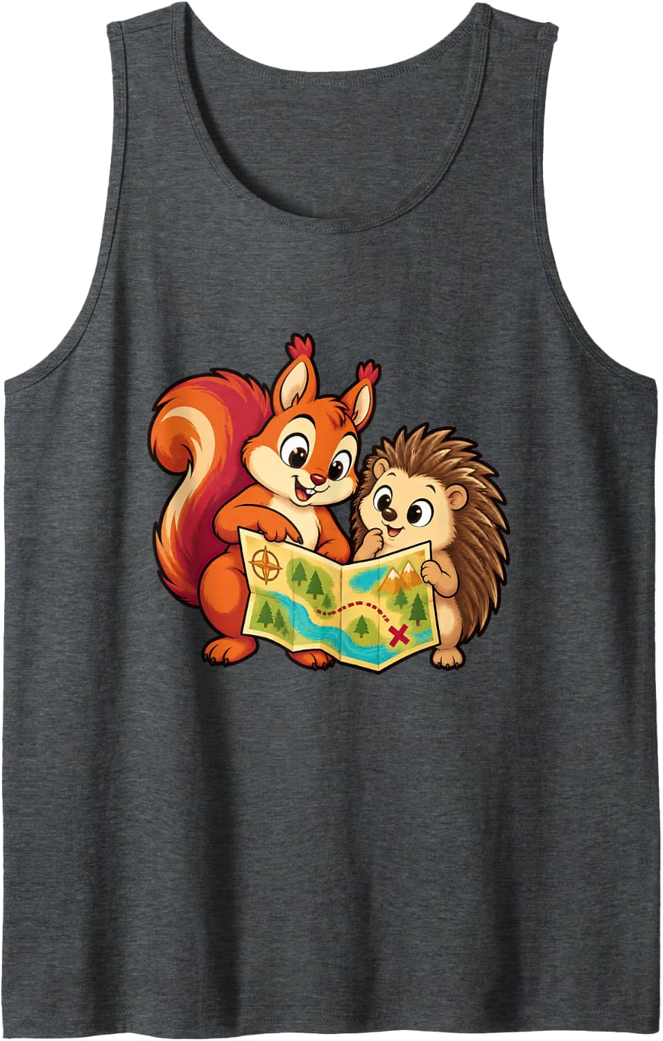 Squirrel and Hedgehog Explore a Treasure Map Tank Top - Dark Heather Grey